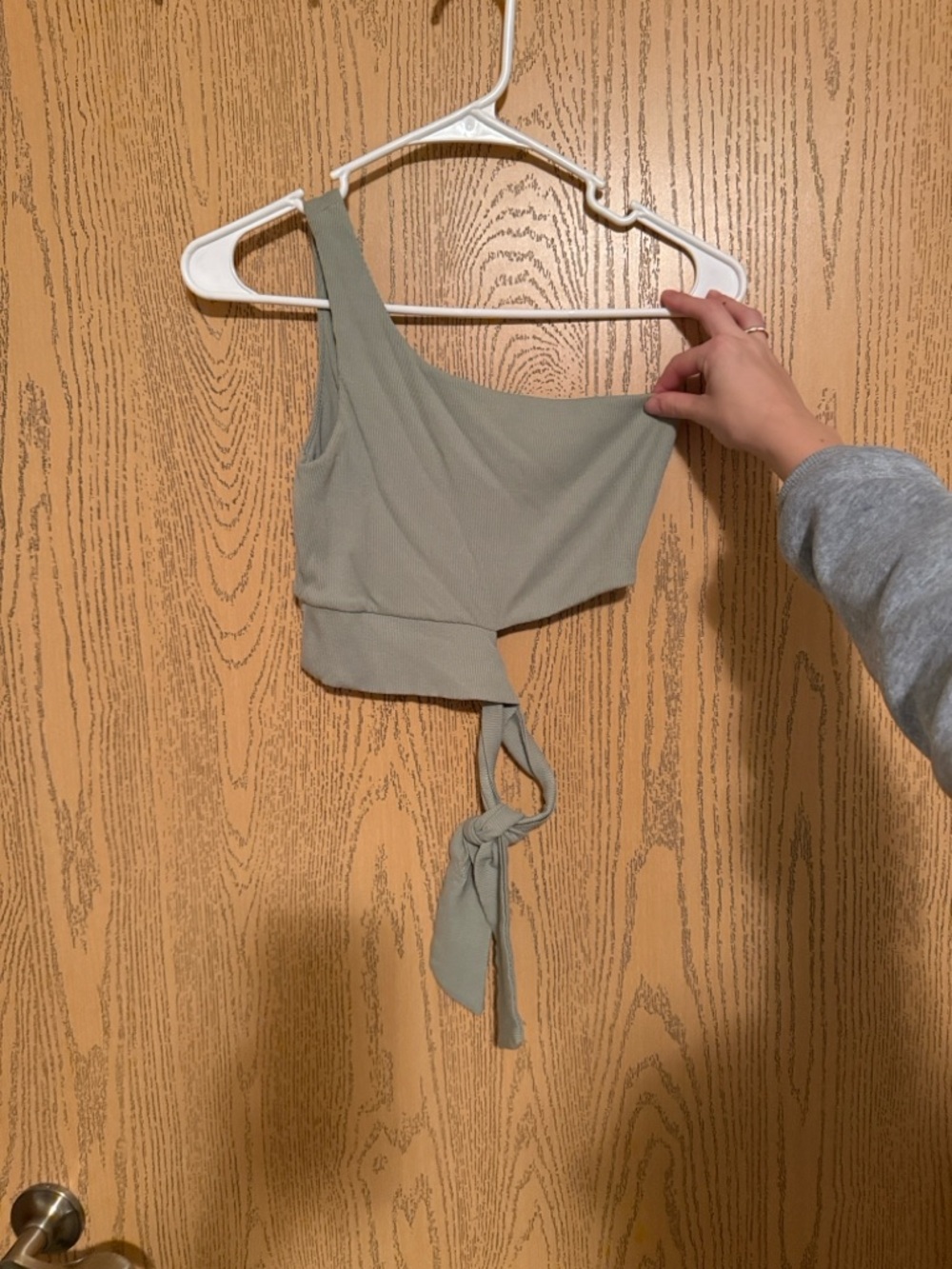 Forever 21 One-Shoulder Sage Green Tie-Front Crop Top